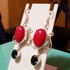 Signed Sterling Silver Coral & Tourmaline Earrings